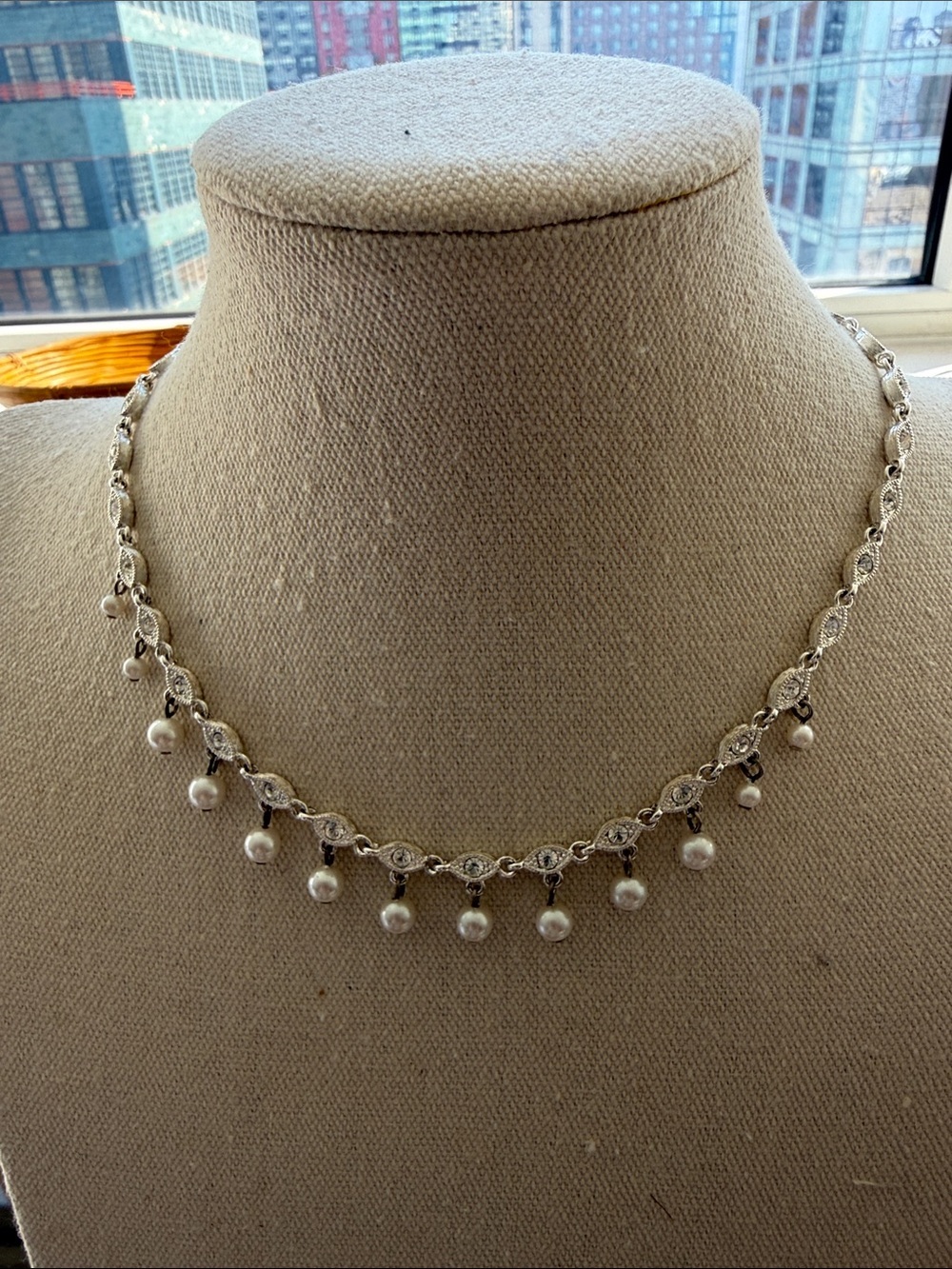 Napier Vintage Silver Tone  Rhinestone & Faux Pearl Fringe Festoon Necklace.